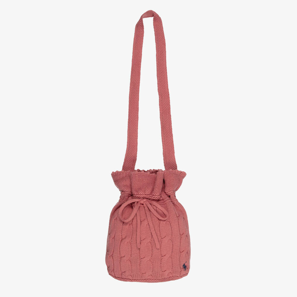 Ralph Lauren-Girls Pink Cotton Cable-Knit Bucket Bag (27cm) | Childrensalon