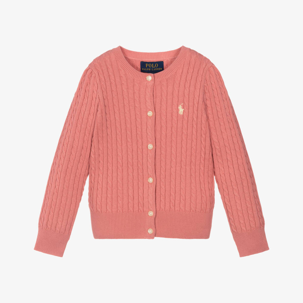 Ralph Lauren-Girls Pink Cotton Cable Knit Cardigan | Childrensalon