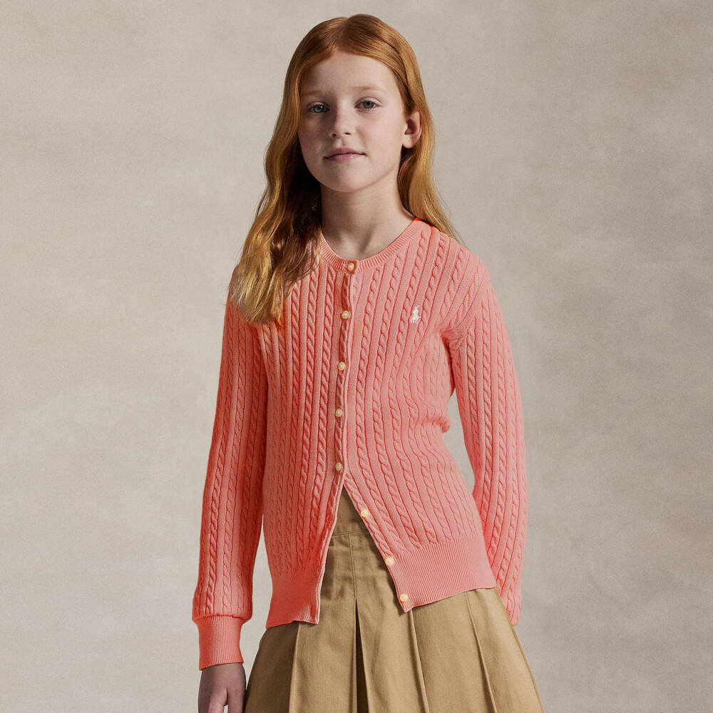 Ralph Lauren-Girls Pink Cotton Cable Knit Cardigan | Childrensalon