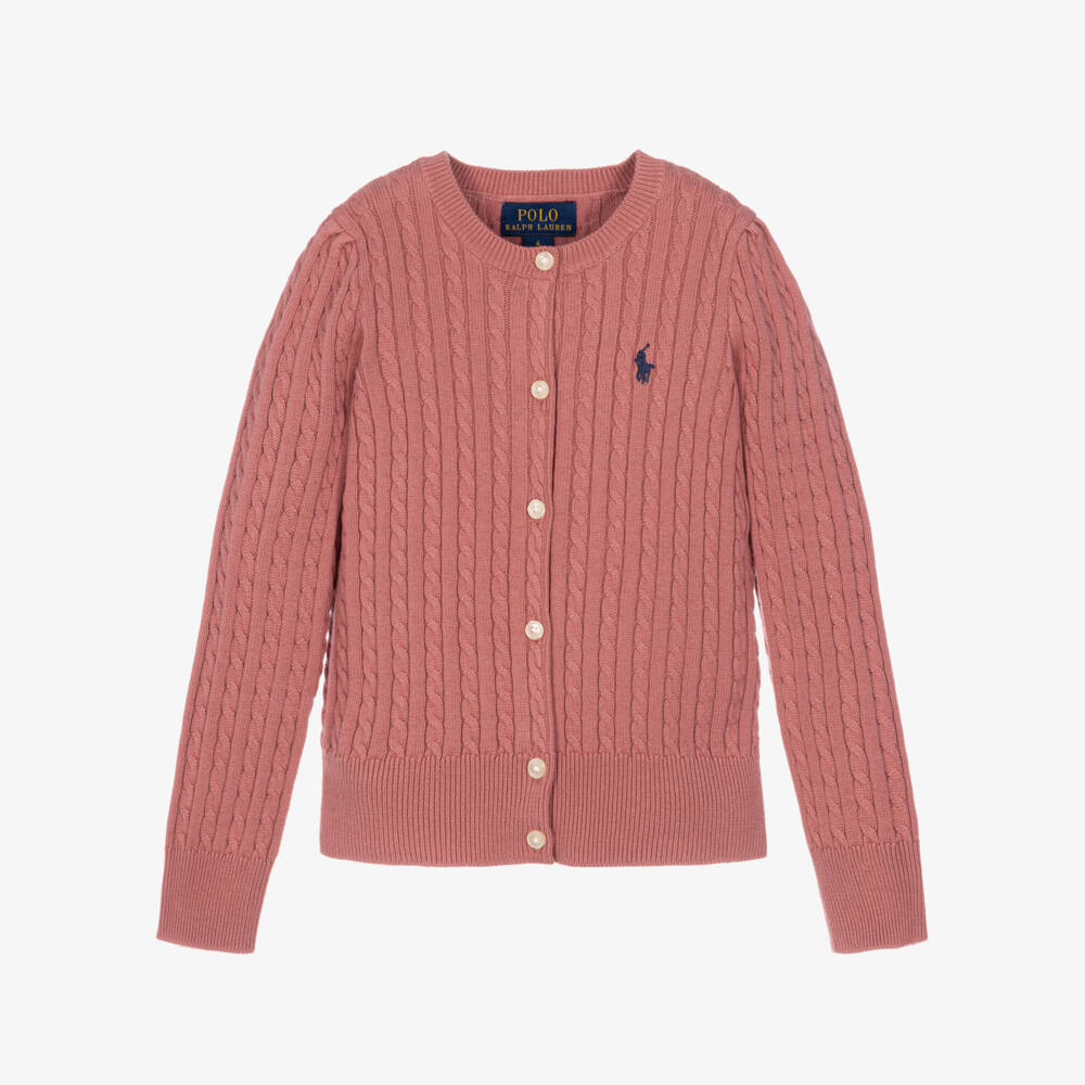 Ralph Lauren-Girls Pink Cotton Cable Knit Cardigan | Childrensalon