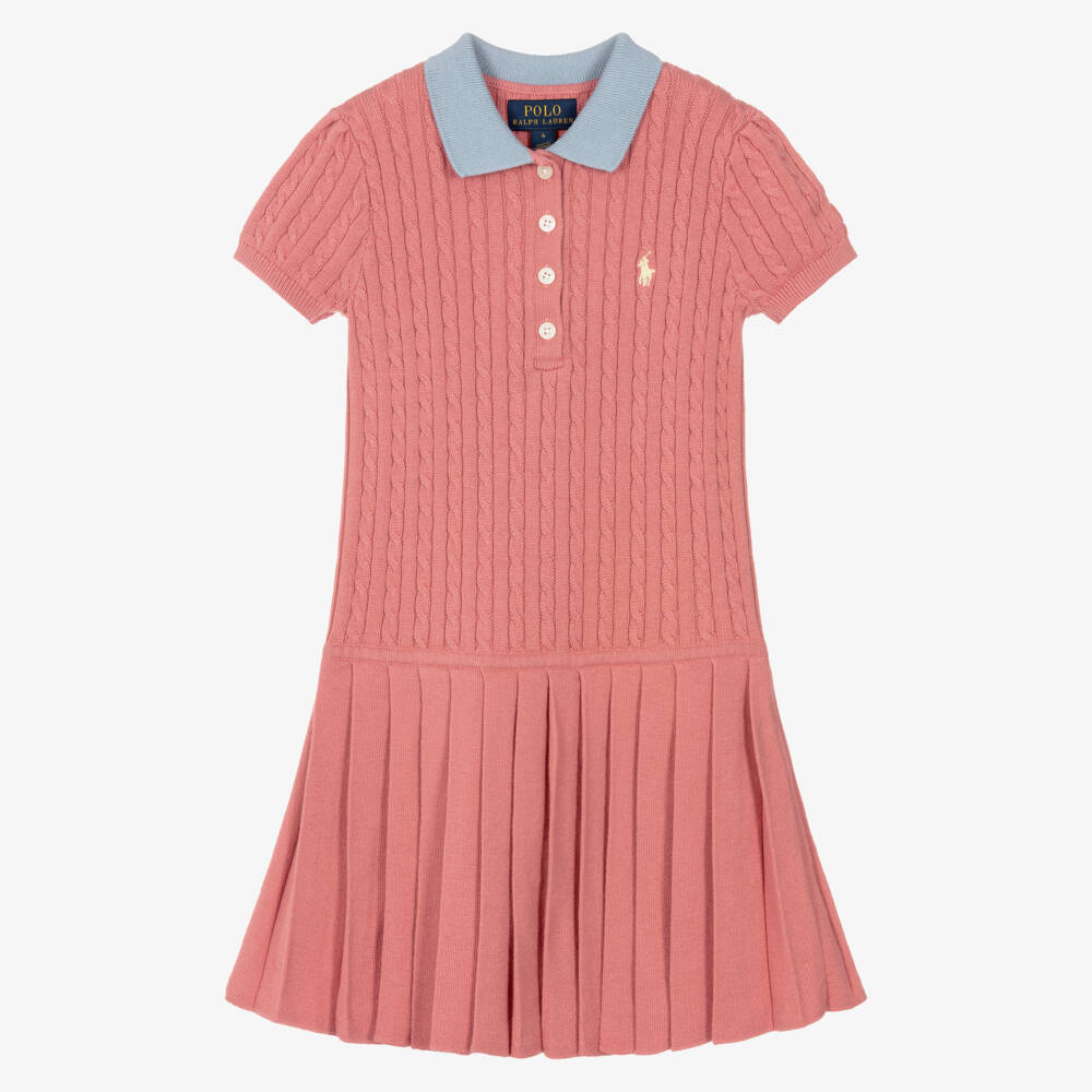 Ralph Lauren-Girls Pink Cotton Cable Knit Polo Dress | Childrensalon