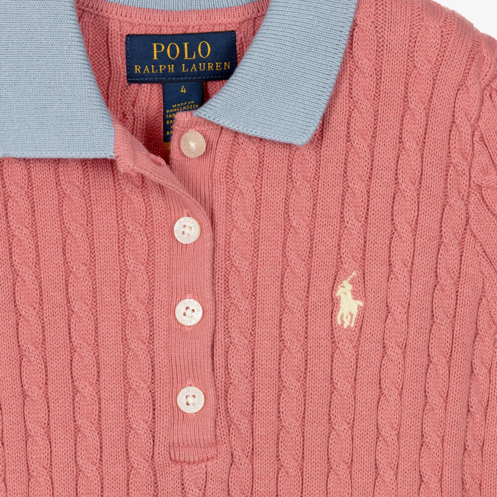 Ralph Lauren-Girls Pink Cotton Cable Knit Polo Dress | Childrensalon