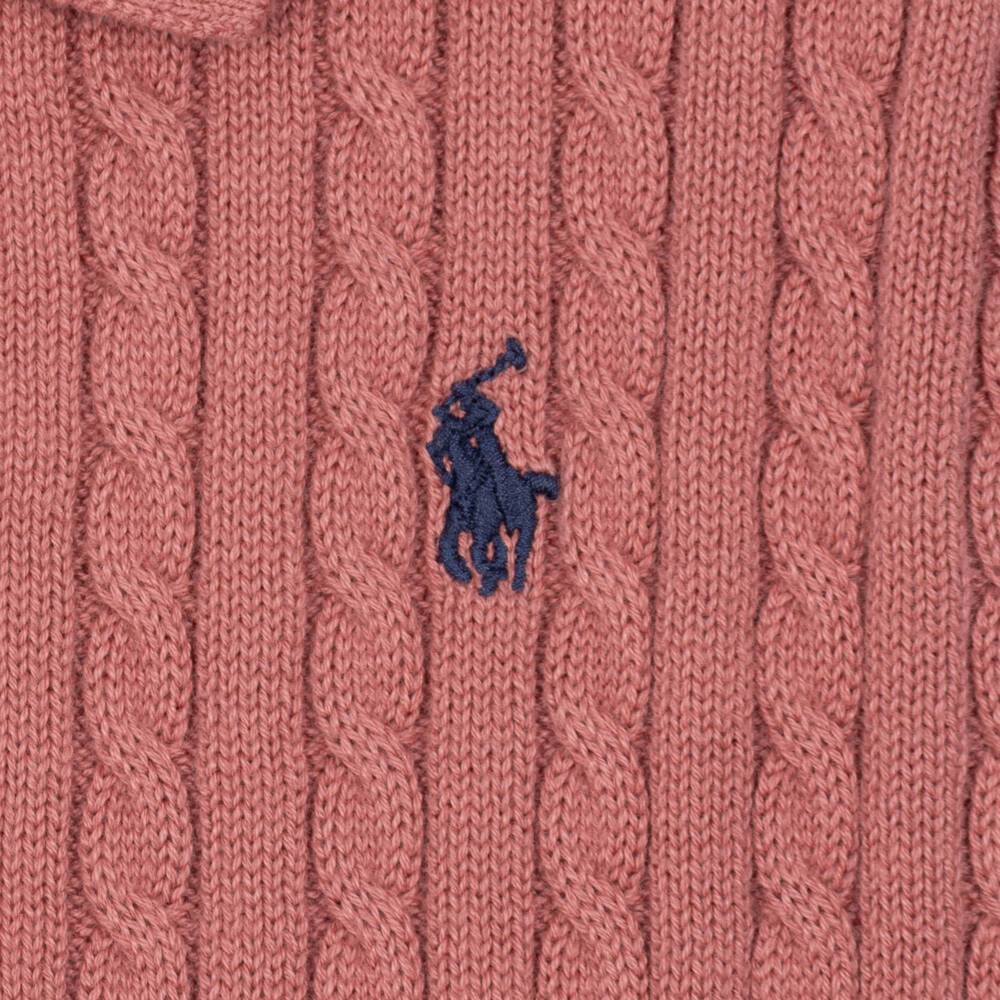 Ralph Lauren-Girls Pink Cotton Cable Knit Polo Shirt | Childrensalon