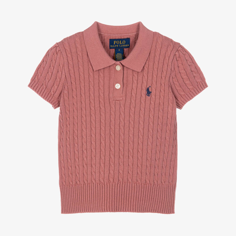 Ralph Lauren-Girls Pink Cotton Cable Knit Polo Shirt | Childrensalon