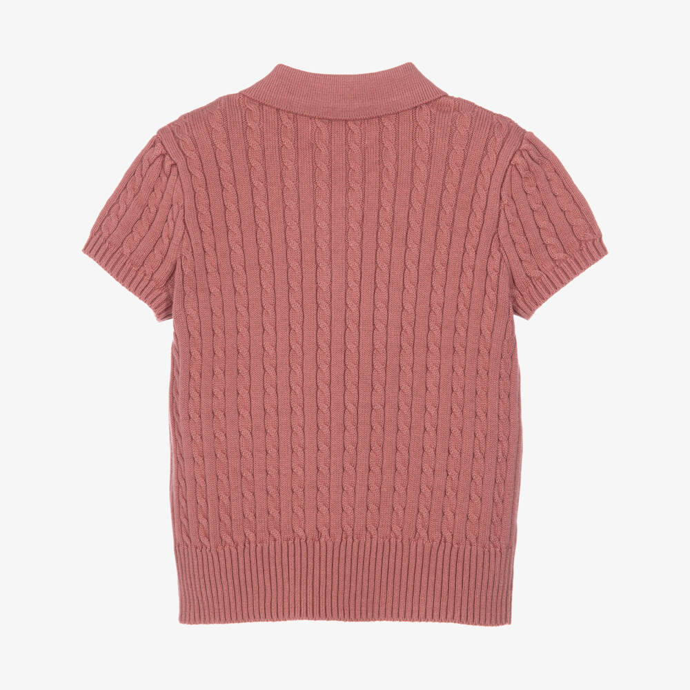 Ralph Lauren-Girls Pink Cotton Cable Knit Polo Shirt | Childrensalon