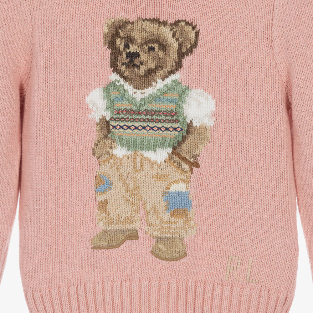 Ralph Lauren-Girls Pink Cotton Knit Polo Bear Sweater | Childrensalon