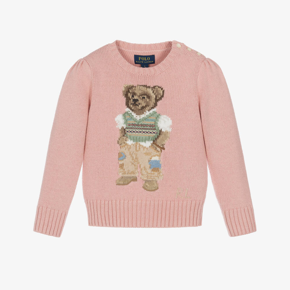 Ralph Lauren-Girls Pink Cotton Knit Polo Bear Sweater | Childrensalon