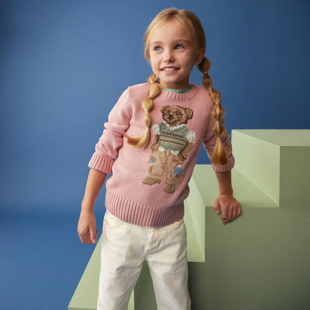 Ralph Lauren-Girls Pink Cotton Knit Polo Bear Sweater | Childrensalon