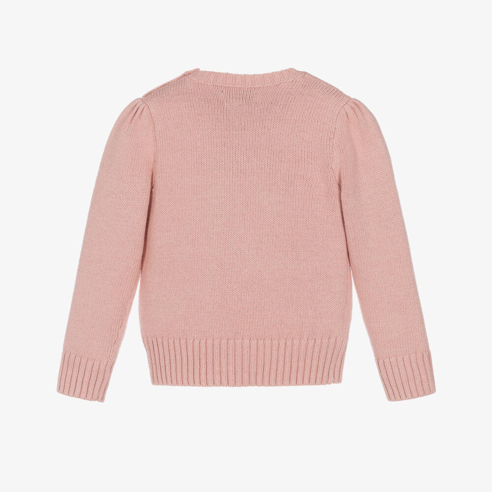 Ralph Lauren-Girls Pink Cotton Knit Polo Bear Sweater | Childrensalon