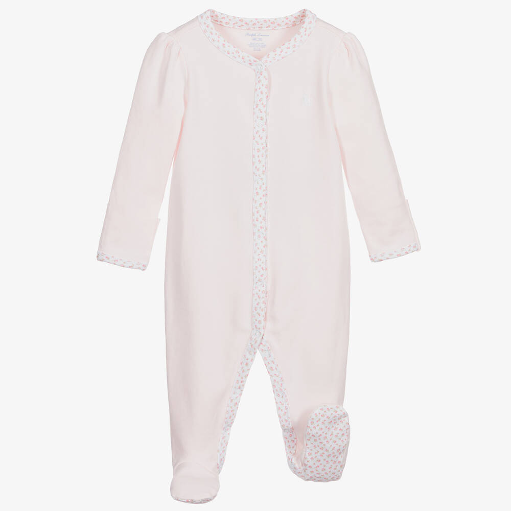 Ralph Lauren-Girls Pink Cotton Logo Babygrow | Childrensalon