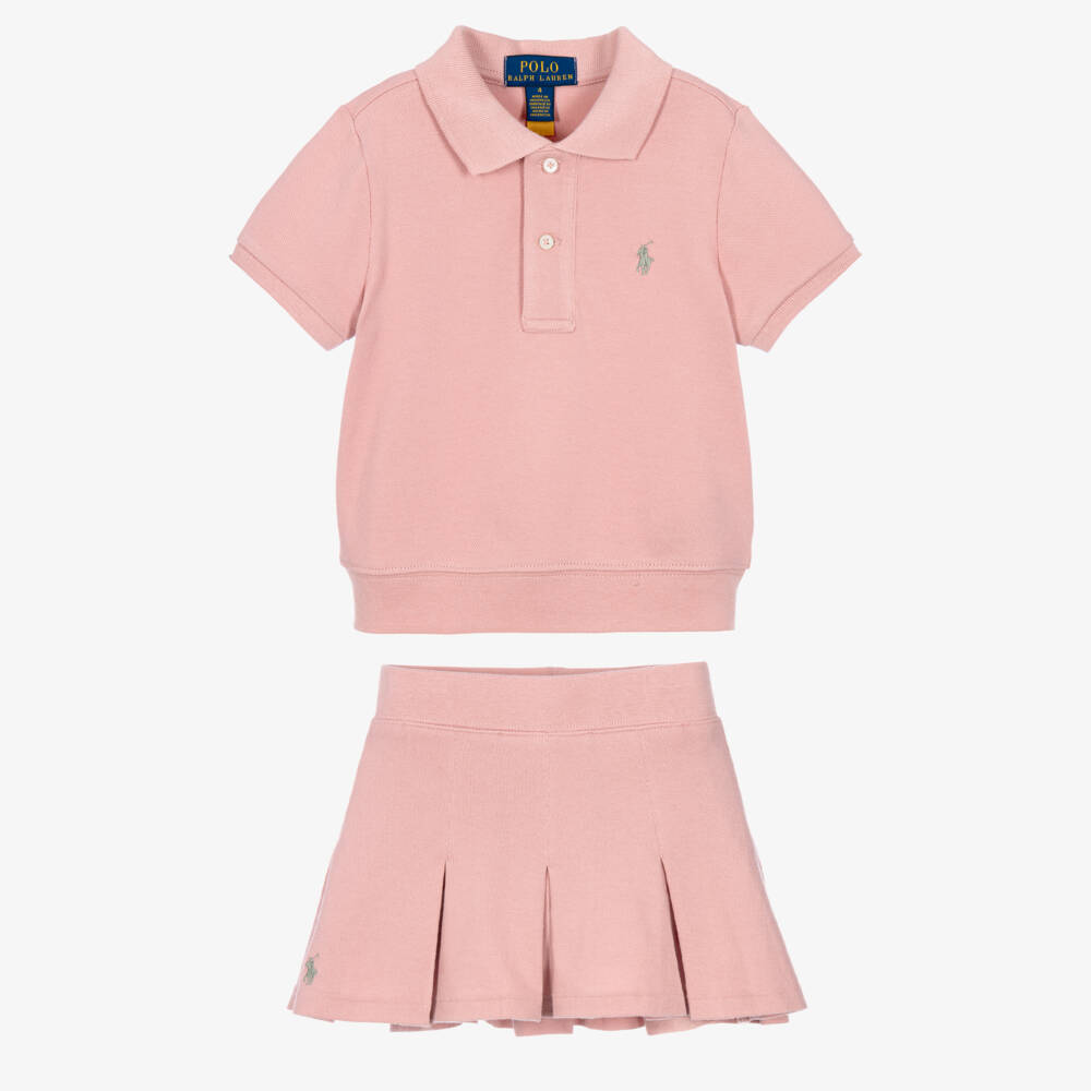 Ralph Lauren-Girls Pink Cotton Piqué Pleated Skort Set | Childrensalon