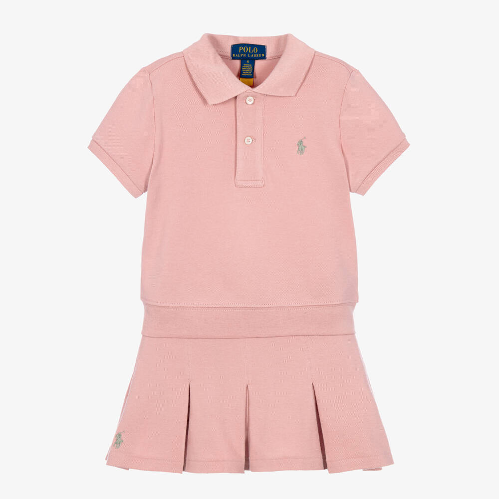Ralph Lauren-Girls Pink Cotton Piqué Pleated Skort Set | Childrensalon