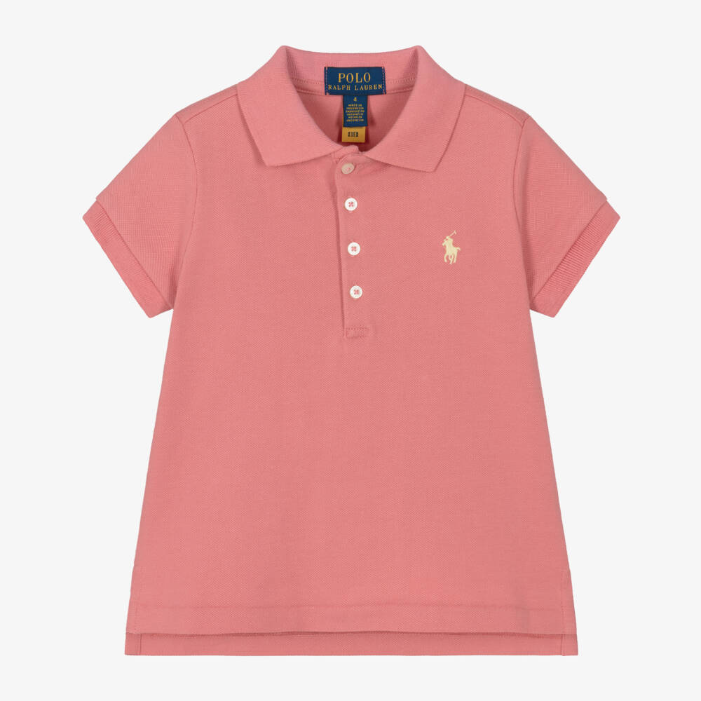 Ralph Lauren-Girls Pink Cotton Piqué Polo Shirt with Pony Logo | Childrensalon