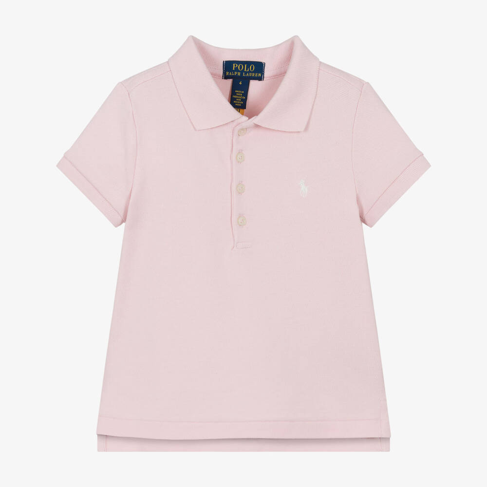 Ralph Lauren-Girls Pink Cotton Piqué Short Sleeve Polo Shirt | Childrensalon
