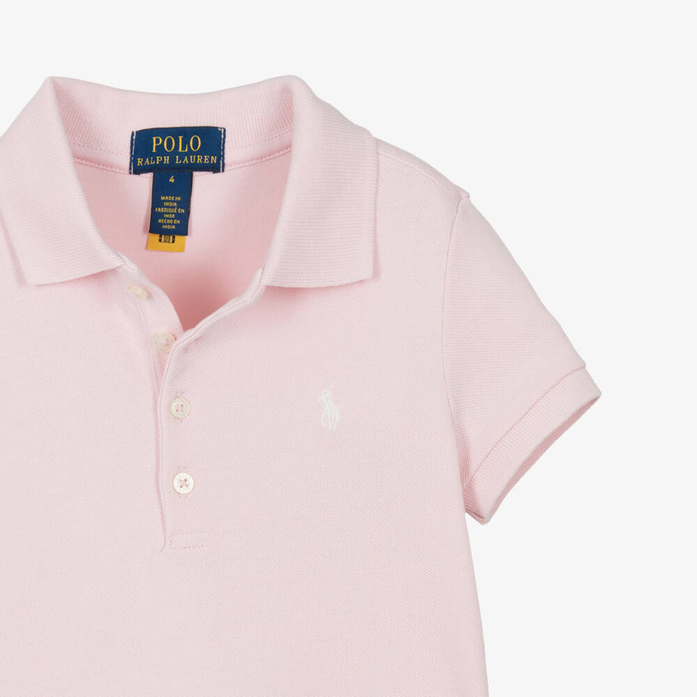 Ralph Lauren-Girls Pink Cotton Piqué Short Sleeve Polo Shirt | Childrensalon