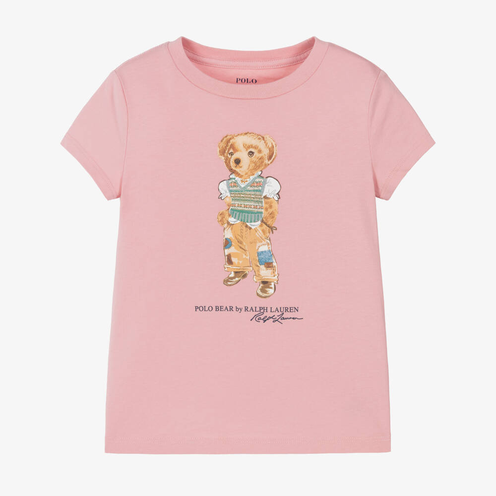 Ralph Lauren-Girls Pink Cotton Polo Bear T-Shirt | Childrensalon