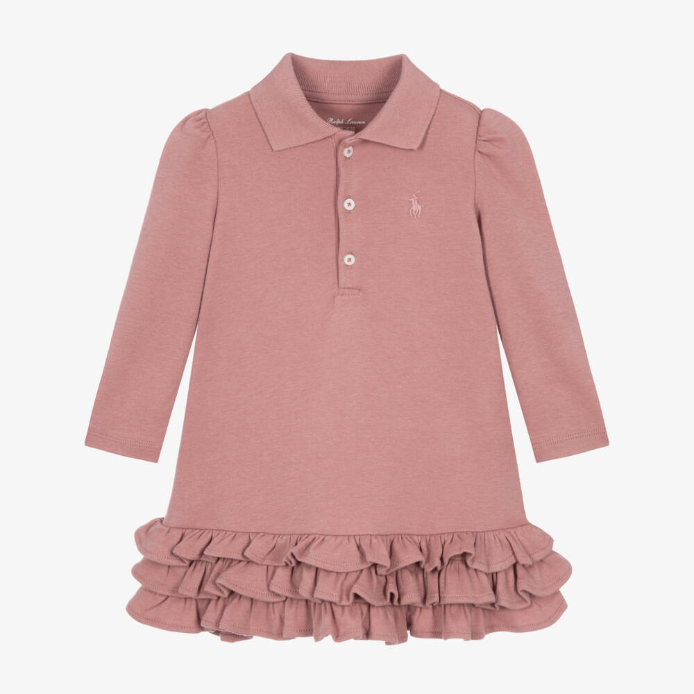 Ralph Lauren-Girls Pink Cotton Polo Dress with Frilly Hem | Childrensalon