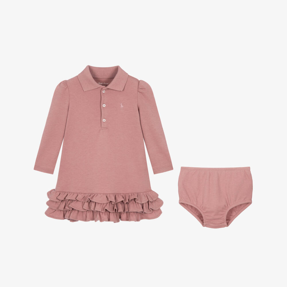 Ralph Lauren-Girls Pink Cotton Polo Dress with Frilly Hem | Childrensalon