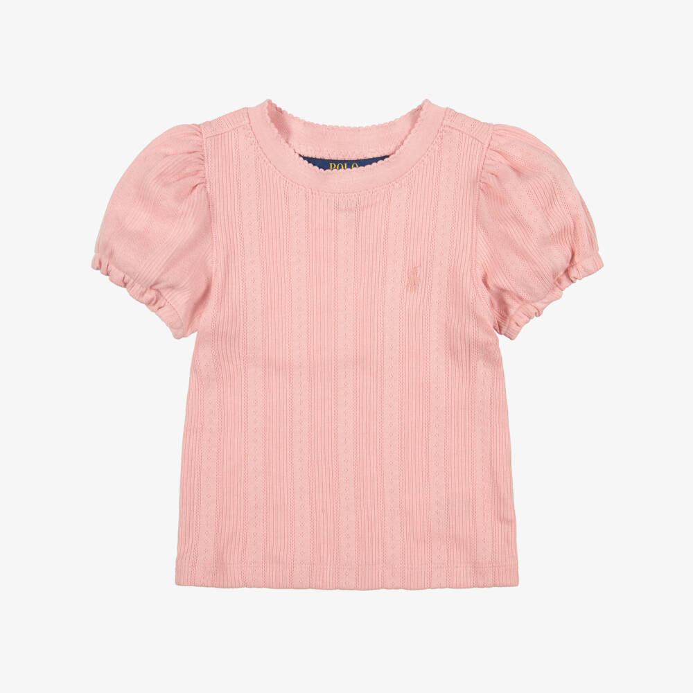 Ralph Lauren-Girls Pink Cotton Puffed Sleeve T-Shirt | Childrensalon