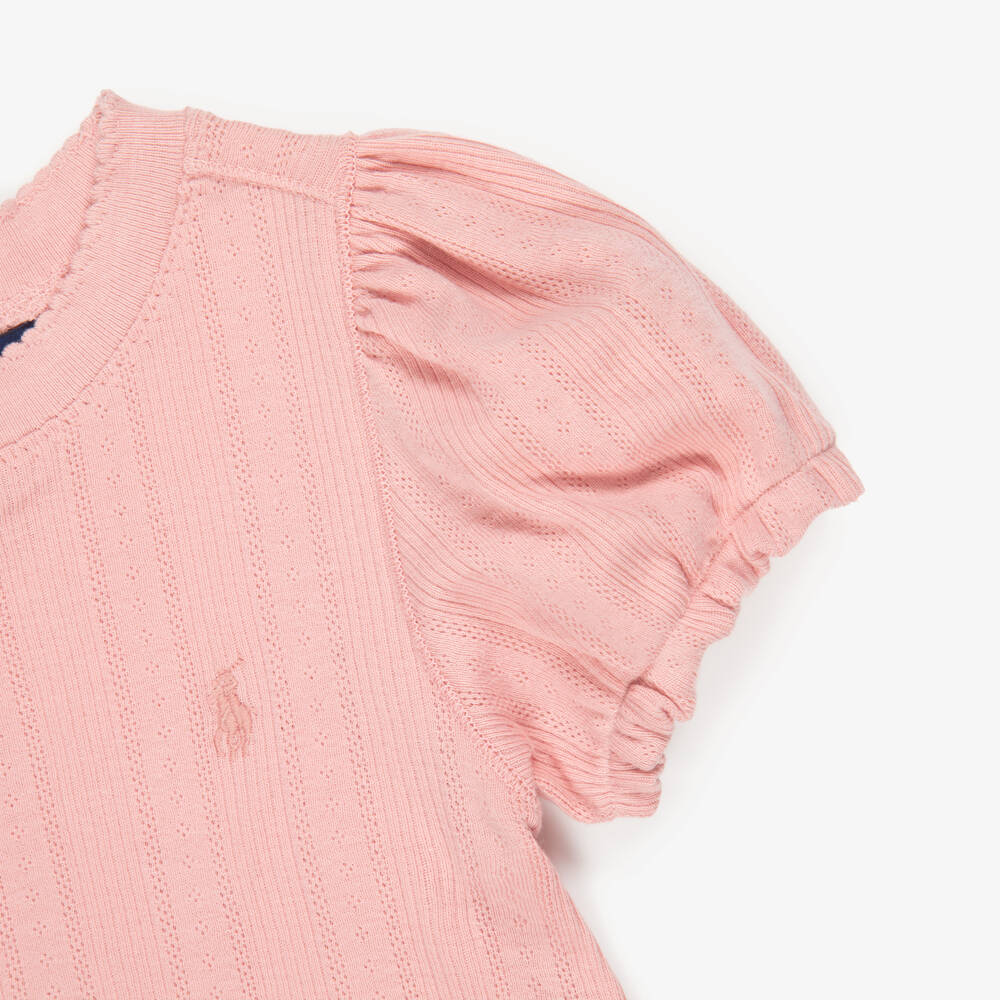Ralph Lauren-Girls Pink Cotton Puffed Sleeve T-Shirt | Childrensalon