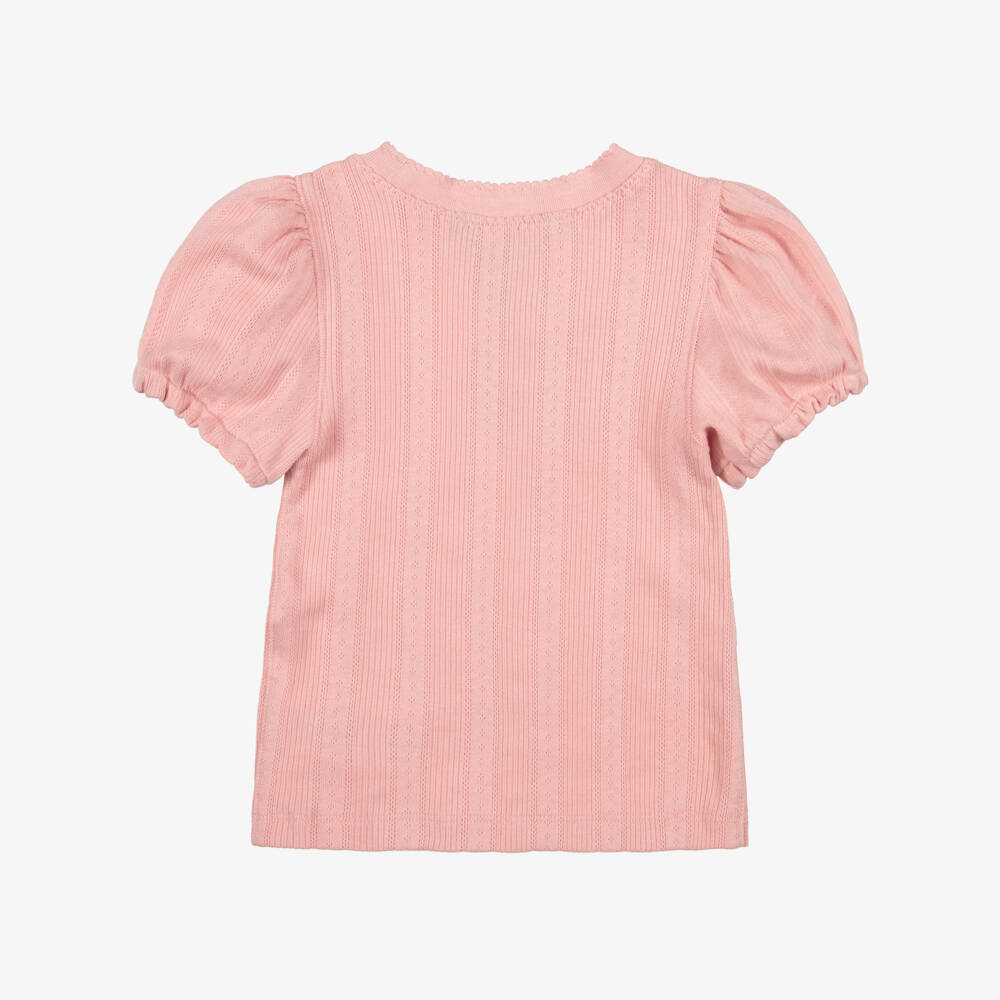 Ralph Lauren-Girls Pink Cotton Puffed Sleeve T-Shirt | Childrensalon