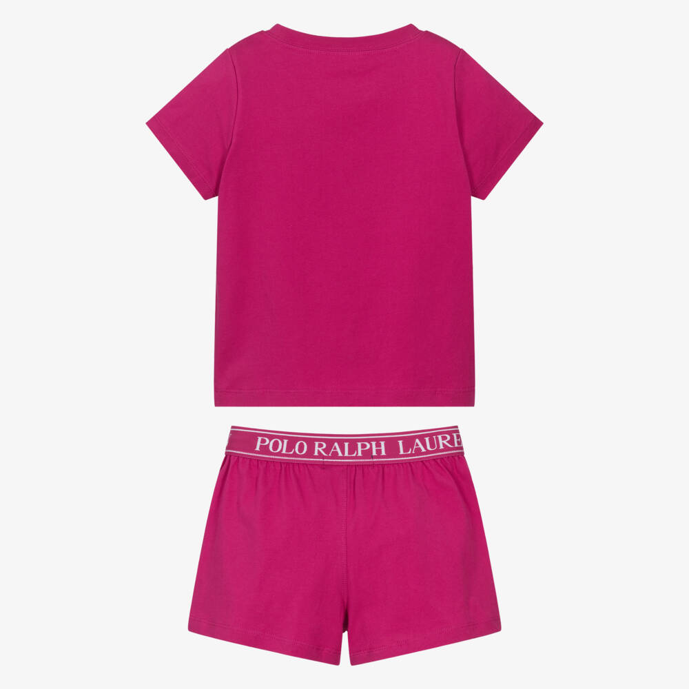 Ralph Lauren-Girls Pink Cotton Short Pyjamas with Repeat Logo Waistband | Childrensalon