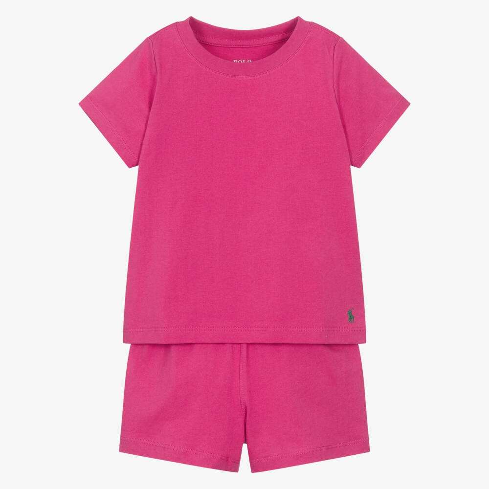 Ralph Lauren-Girls Pink Cotton Short Pyjamas with Repeat Logo Waistband | Childrensalon