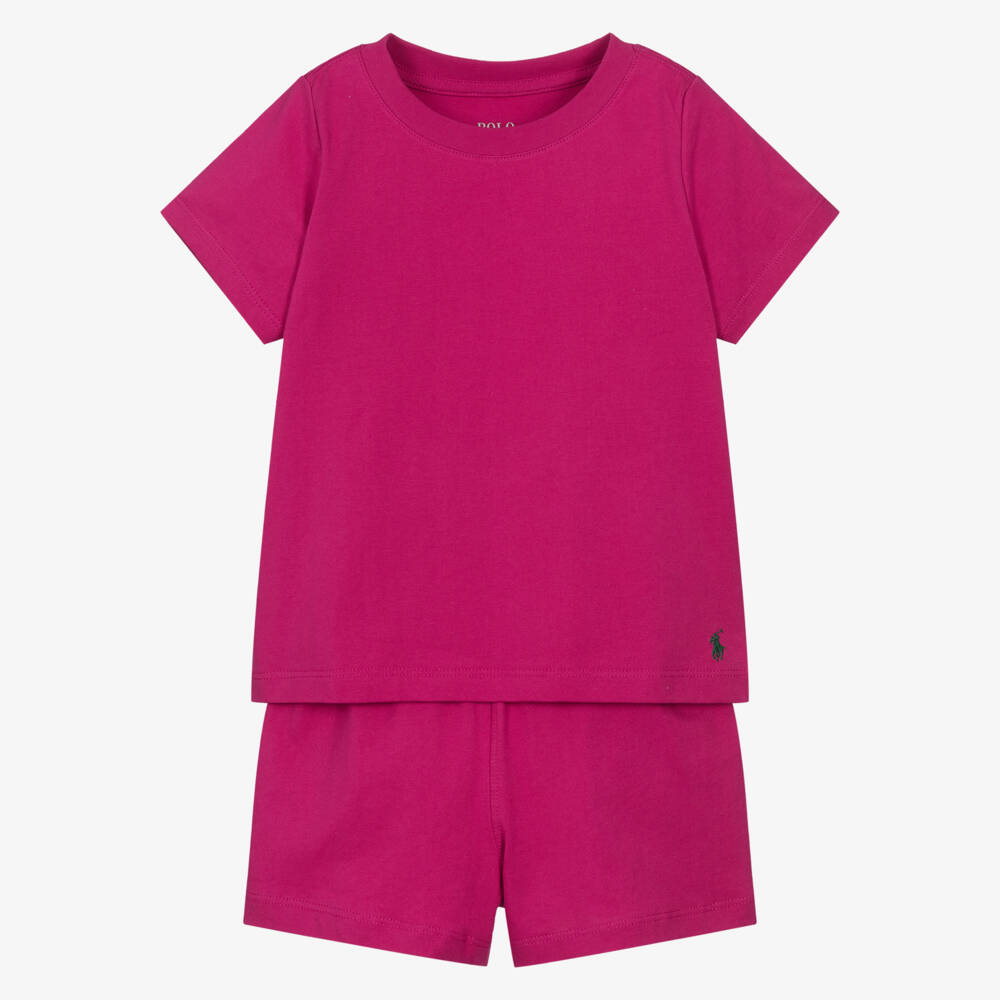 Ralph Lauren-Girls Pink Cotton Short Pyjamas with Repeat Logo Waistband | Childrensalon