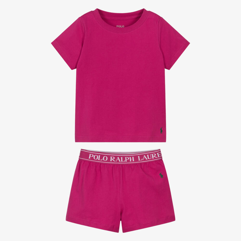 Ralph Lauren-Girls Pink Cotton Short Pyjamas with Repeat Logo Waistband | Childrensalon