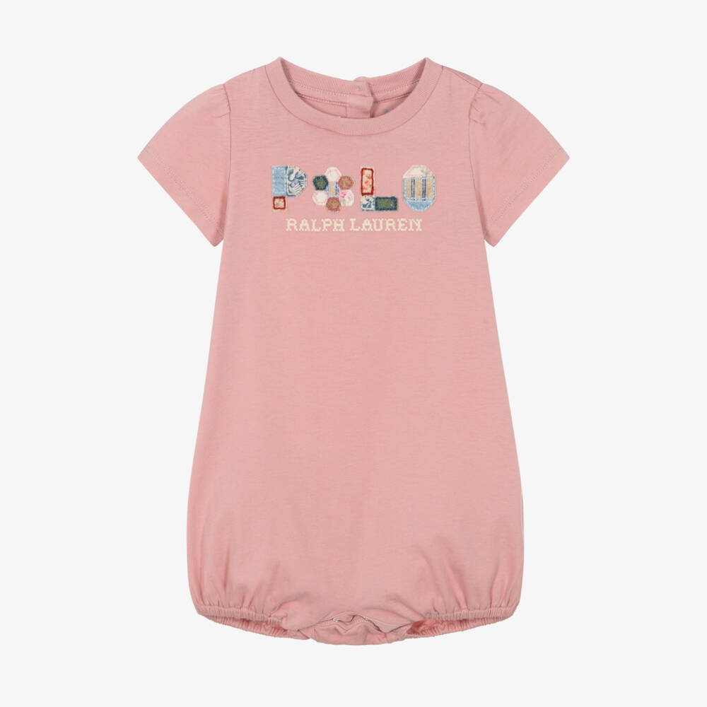Ralph Lauren-Girls Pink Cotton Shortie with Patchwork Logo Motif | Childrensalon