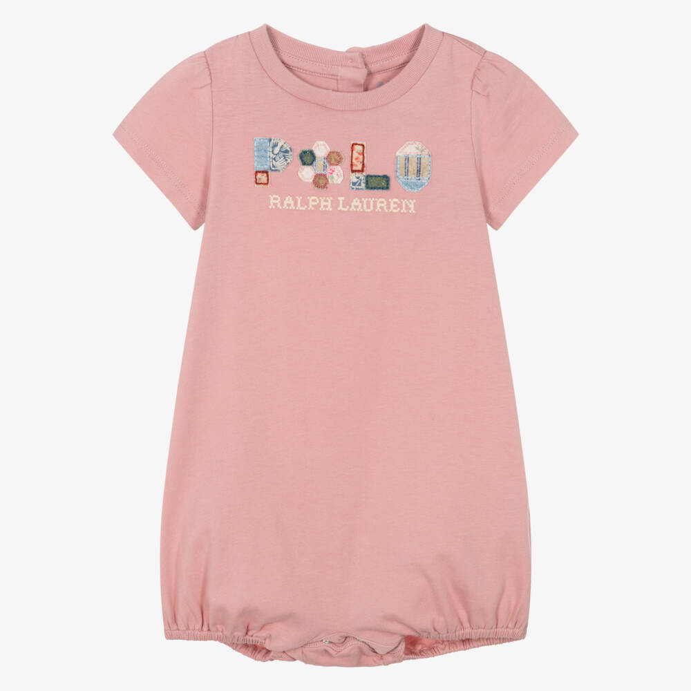 Ralph Lauren-Girls Pink Cotton Shortie with Patchwork Logo Motif | Childrensalon