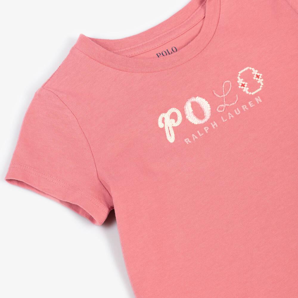 Ralph Lauren-Футболка из хлопка цвета лосося с вышитым логотипом для девочек | Childrensalon