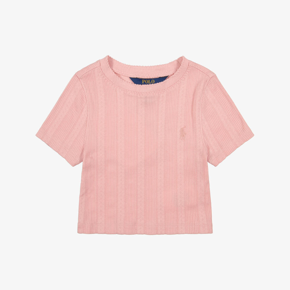Ralph Lauren-Girls Pink Cotton T-Shirt with Pointelle Pattern | Childrensalon