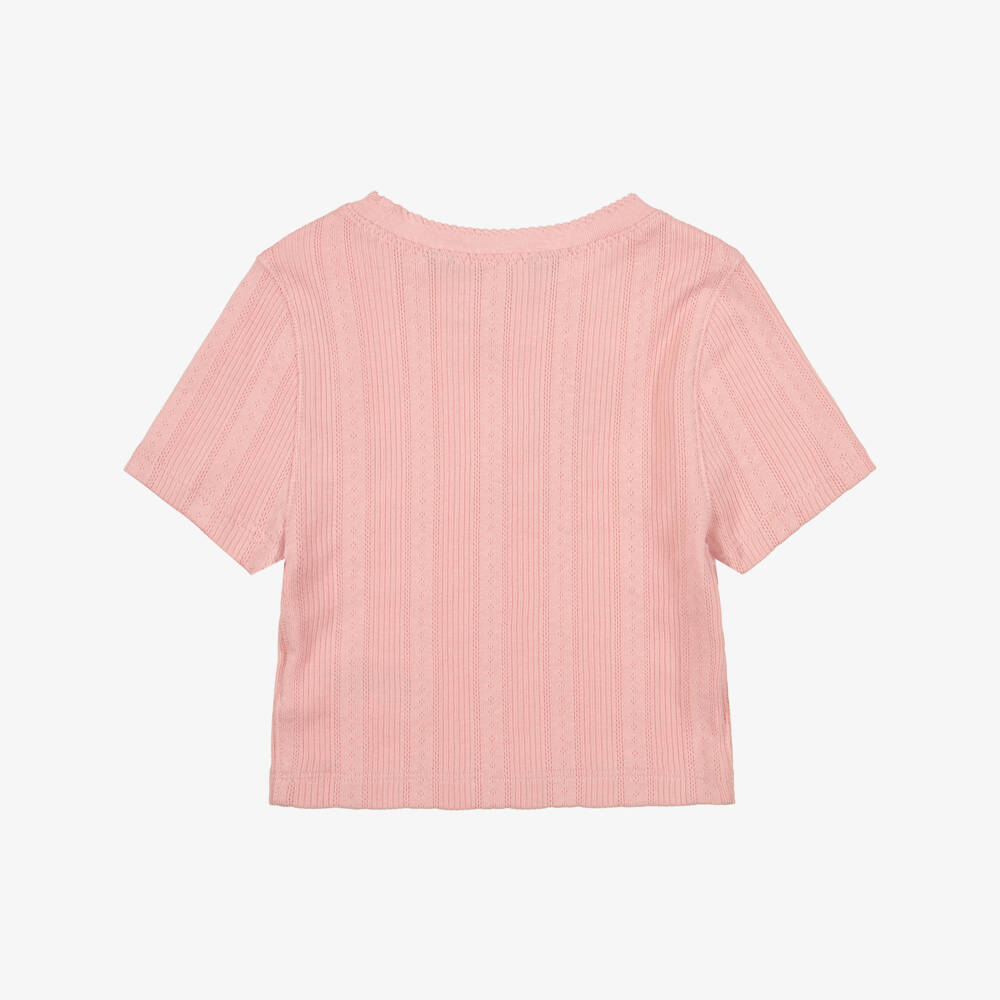 Ralph Lauren-Girls Pink Cotton T-Shirt with Pointelle Pattern | Childrensalon