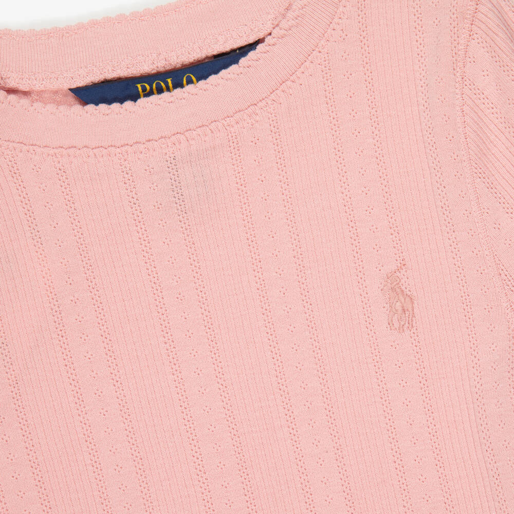 Ralph Lauren-Girls Pink Cotton T-Shirt with Pointelle Pattern | Childrensalon