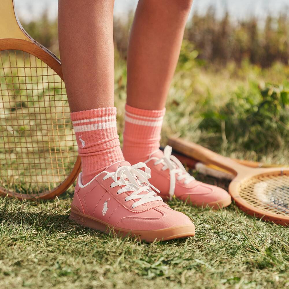 Ralph Lauren-Girls Pink Faux Leather Lace-Up Trainers with Pony Logos | Childrensalon