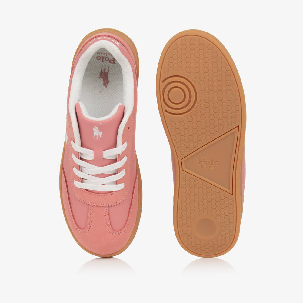 Ralph Lauren-Girls Pink Faux Leather Lace-Up Trainers with Pony Logos | Childrensalon