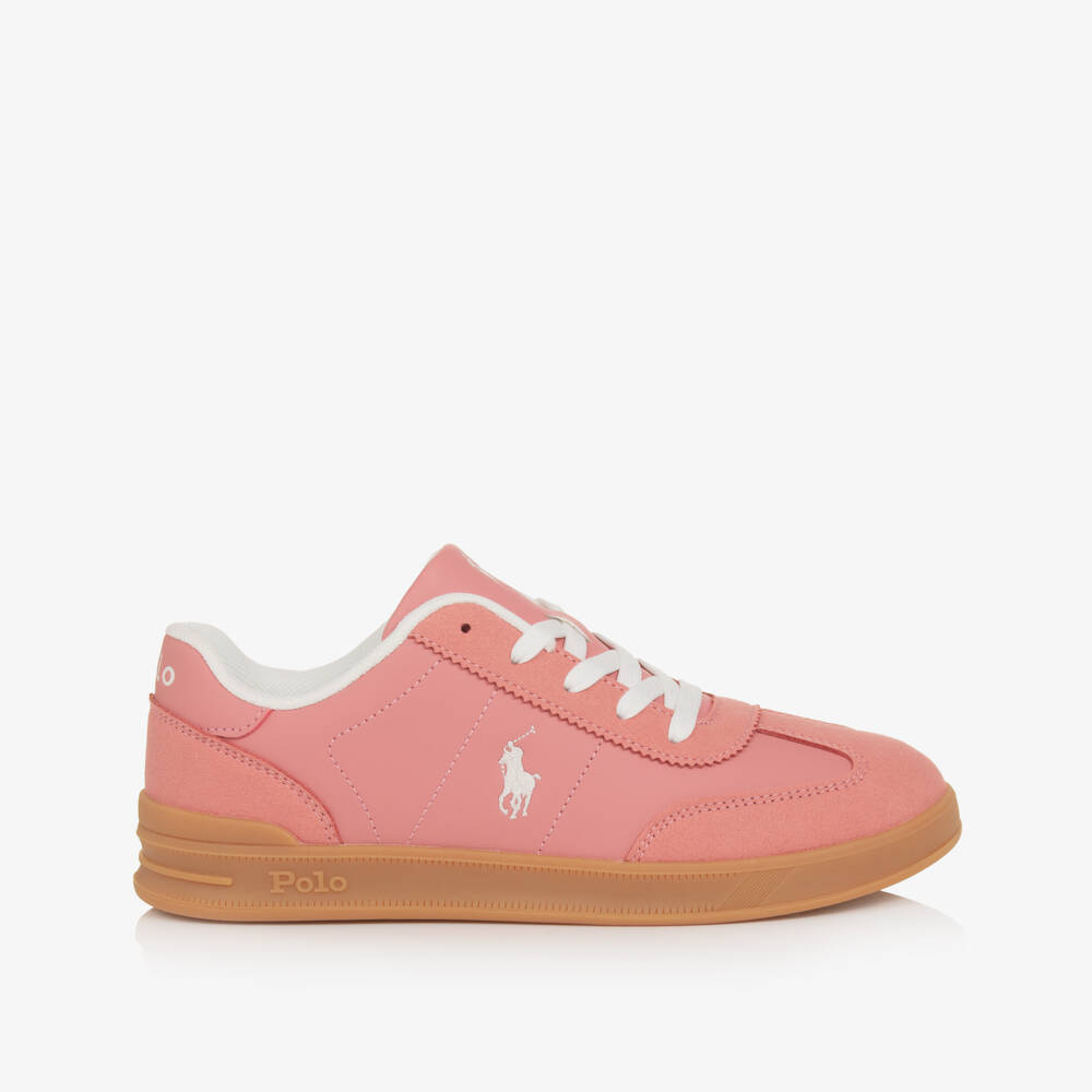 Ralph Lauren-Girls Pink Faux Leather Trainers with Pony Logos | Childrensalon