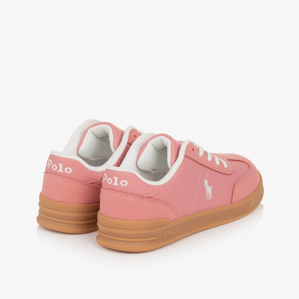 Ralph Lauren-Girls Pink Faux Leather Trainers with Pony Logos | Childrensalon