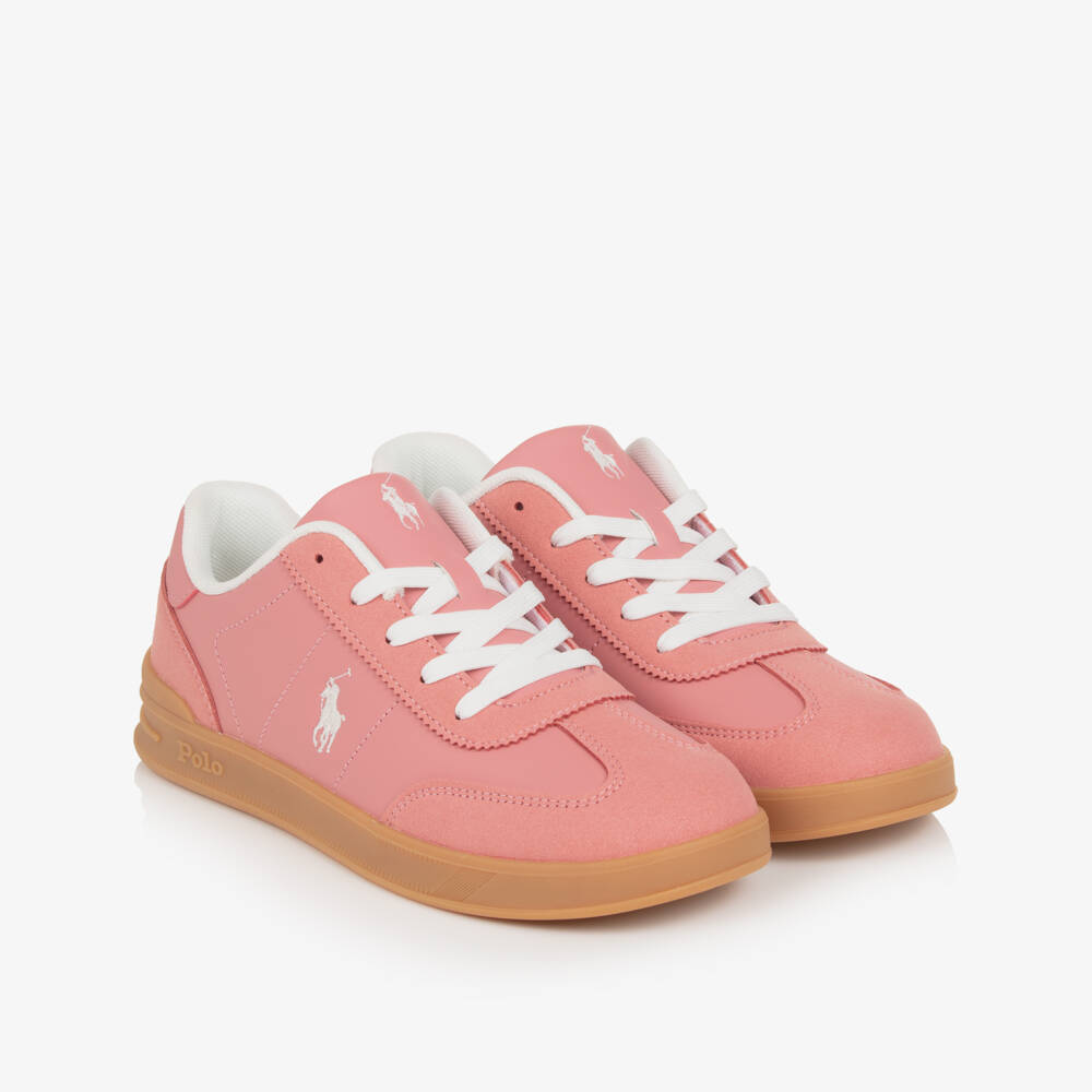 Ralph Lauren-Girls Pink Faux Leather Trainers with Pony Logos | Childrensalon