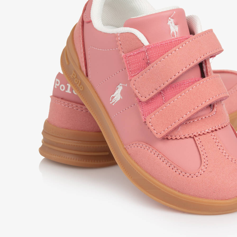 Ralph Lauren-Girls Pink Faux Leather Velcro Trainers with Pony Logos | Childrensalon