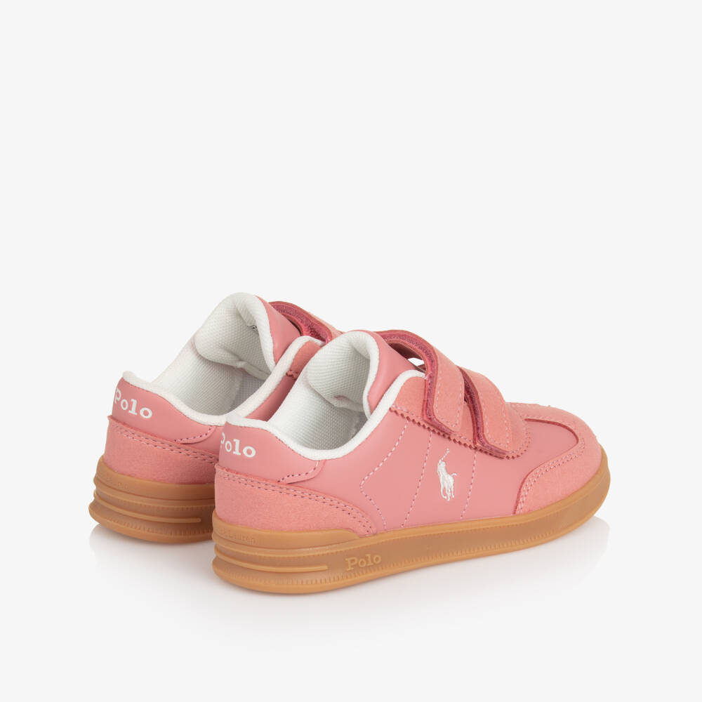 Ralph Lauren-Girls Pink Faux Leather Velcro Trainers with Pony Logos | Childrensalon