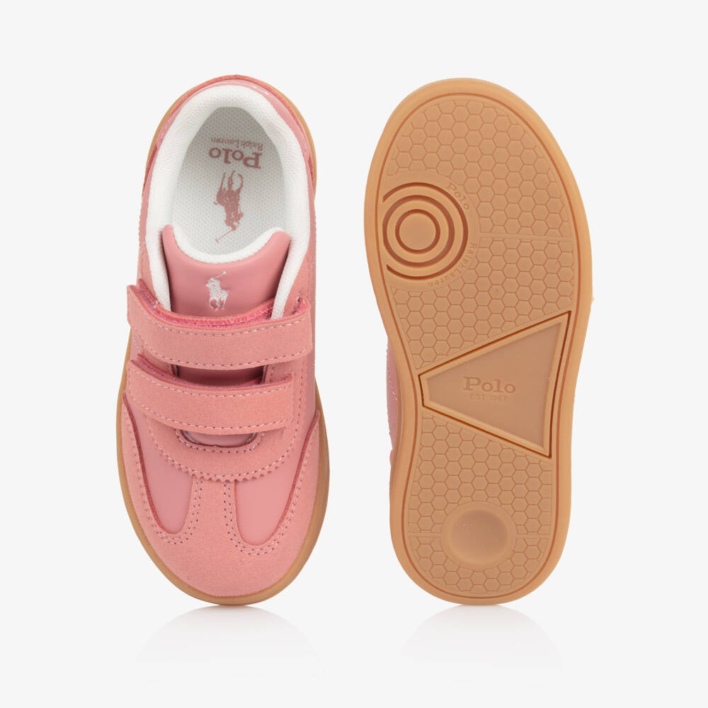 Ralph Lauren-Girls Pink Faux Leather Velcro Trainers with Pony Logos | Childrensalon