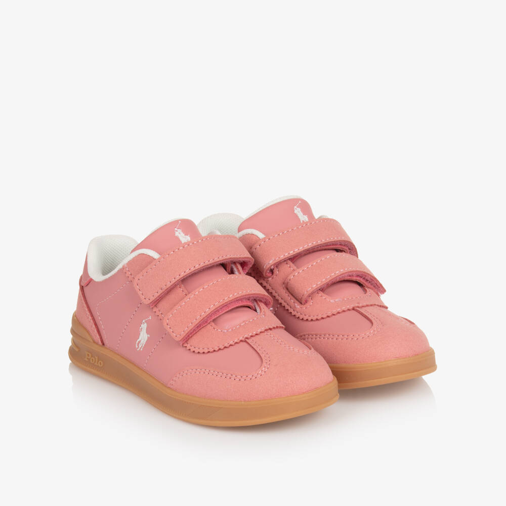 Ralph Lauren-Girls Pink Faux Leather Velcro Trainers with Pony Logos | Childrensalon