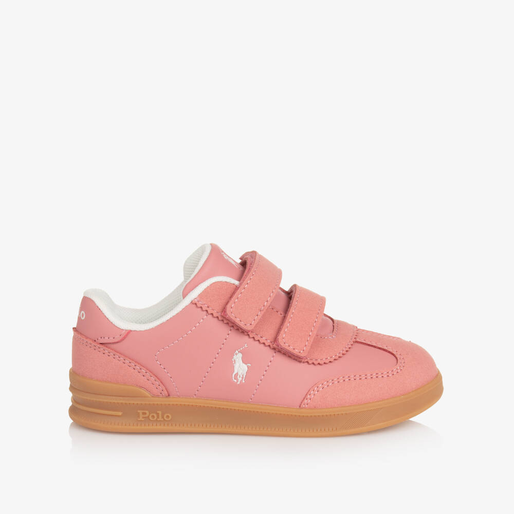 Ralph Lauren-Girls Pink Faux Leather Velcro Trainers with Pony Logos | Childrensalon
