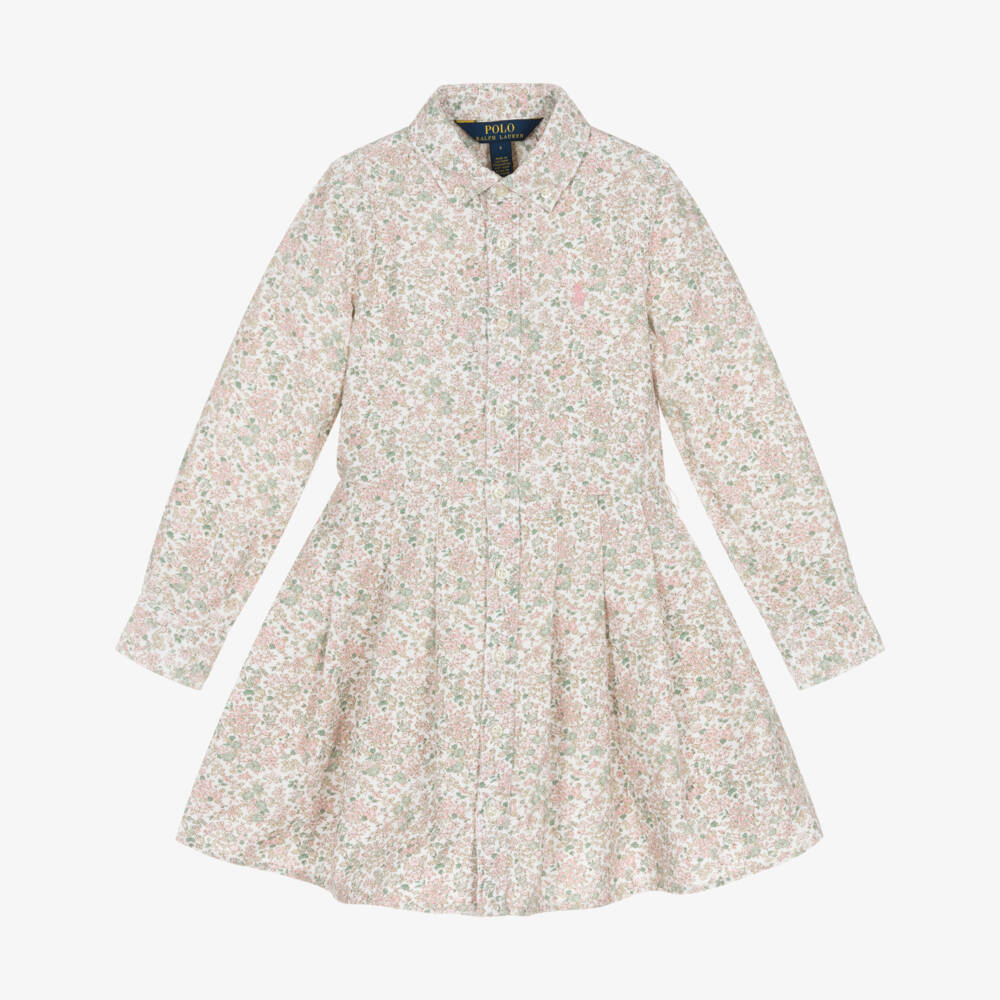 Ralph Lauren-Girls Pink Floral Corduroy Shirt Dress | Childrensalon
