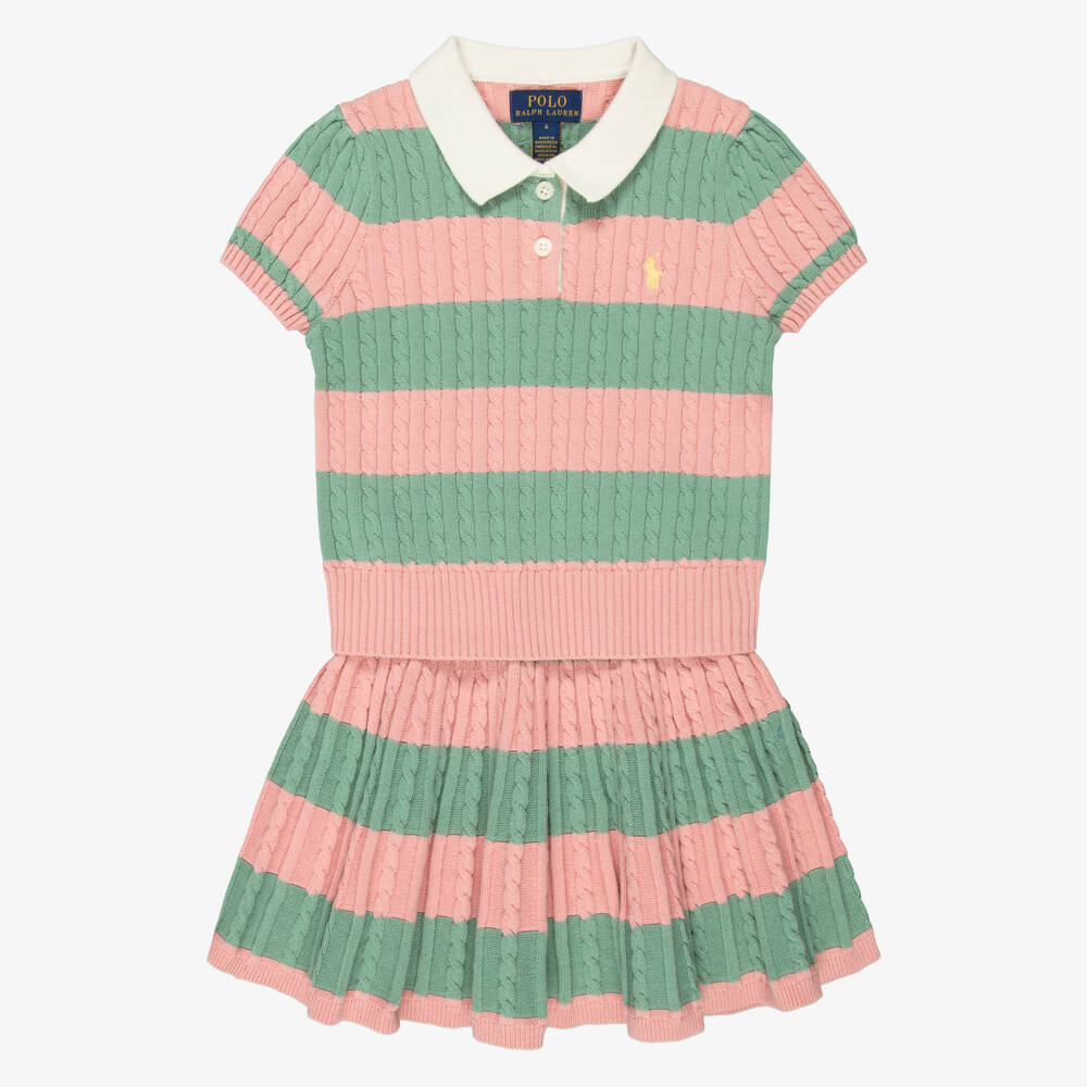 Ralph Lauren-Girls Pink & Green Stripe Cable-Knit Skirt Set | Childrensalon