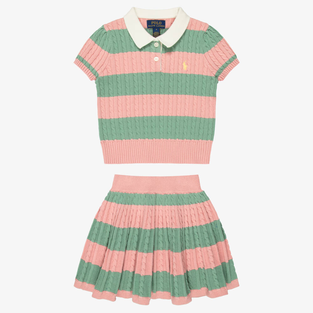 Ralph Lauren-Girls Pink & Green Stripe Cable-Knit Skirt Set | Childrensalon