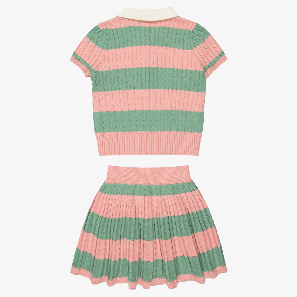 Ralph Lauren-Girls Pink & Green Stripe Cable-Knit Skirt Set | Childrensalon