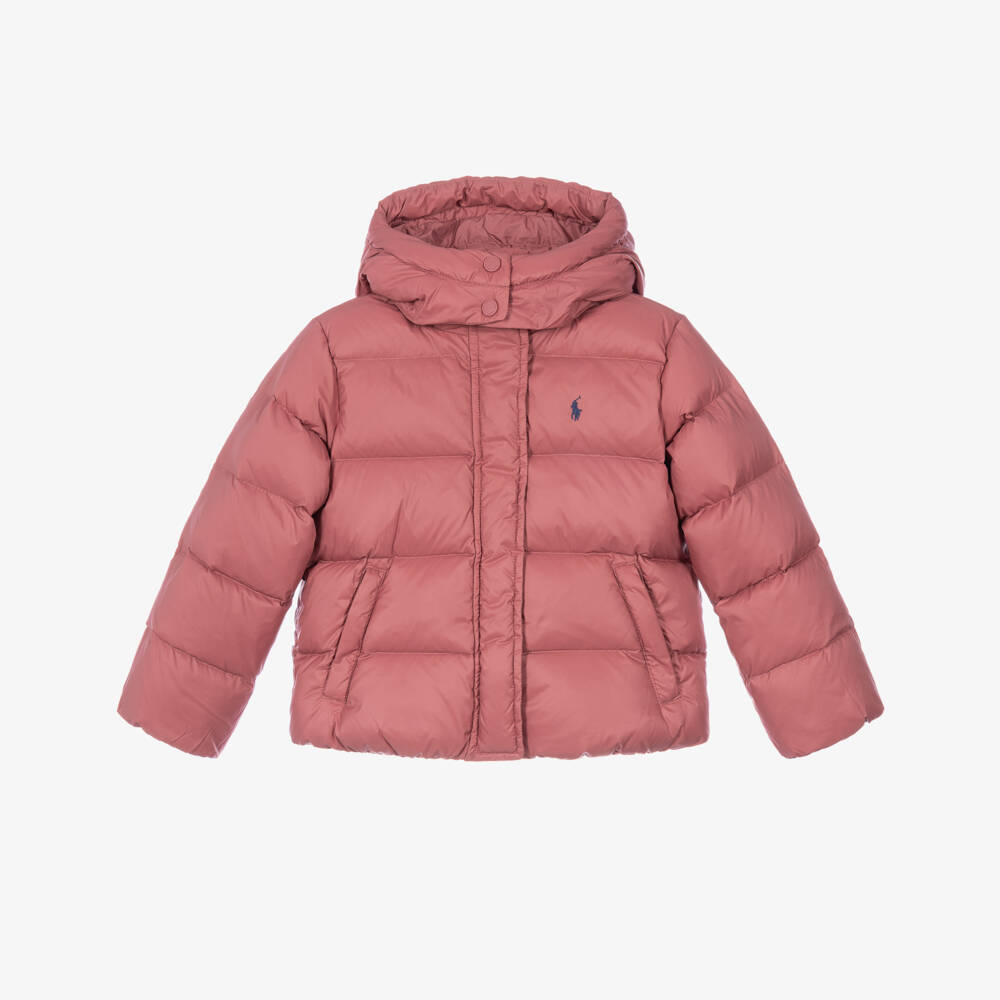 Ralph Lauren-Girls Pink Hooded Down Puffer Jacket | Childrensalon
